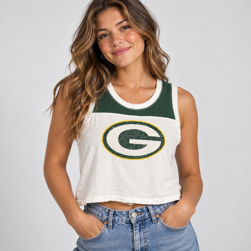 47 Brand Green Bay Packers Tank Top Medium White Green NFL Logo Cropped Tee